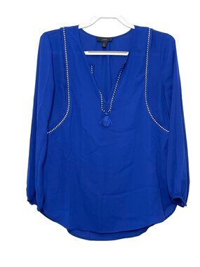 J.Crew Women's Size 2 Blue Split Neck Peasant Blouse Tassel Long Sleeve